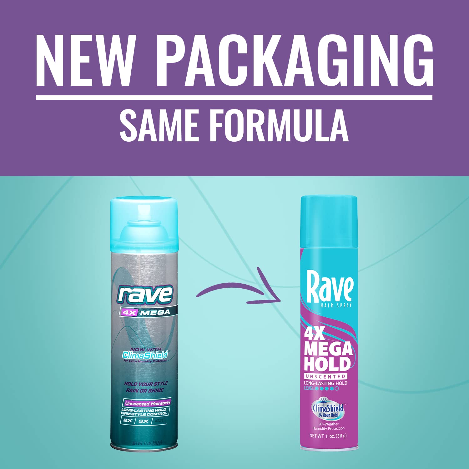 rave 4X Mega Unscented Aerosol Hairspray - Hair Spray for High Humidity Weather - 24-Hour Lasting Hold - Vitamin-Enhanced Hair Volume Spray - 11 oz