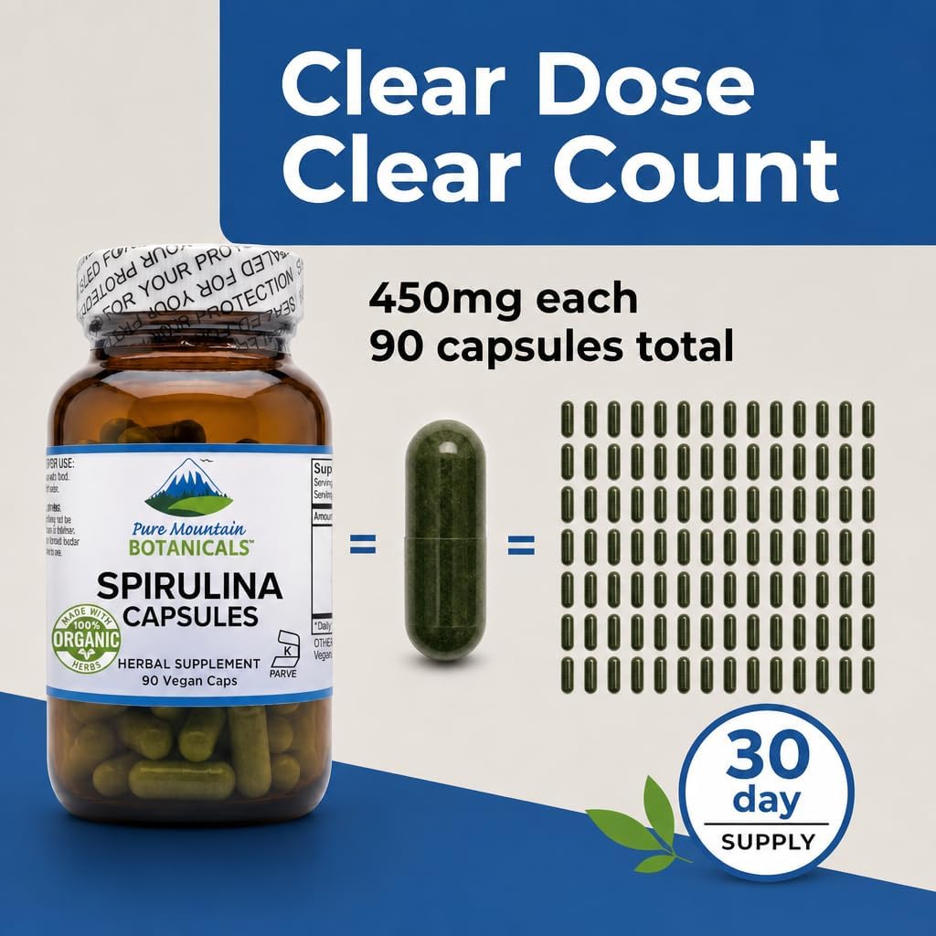 Pure Mountain Botanicals Spirulina Capsules 90 Count - 450mg Organic Spirulina - Kosher Vegan Non-GMO - Superfood Supplement - Espirulina