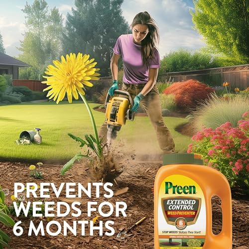 Preen Extended Control Weed Preventer - 4.93 lb. Bottle - Covers 805 sq. ft. | PreEmergent Herbicide for Garden Weed Control –Prevents Weeds up to 6 Months – For Perennials and Shrubs