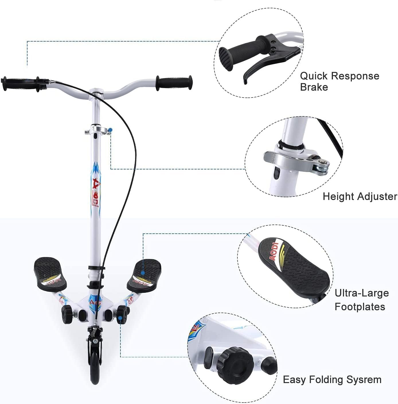 Swing Scooter for Kids, 3 Wheels Foldable Wiggle Kick Scooter Push Drifting with 4 Adjustable Handlebar & 2 Rear LED Wheel for Boys and Girls Ages 3-8