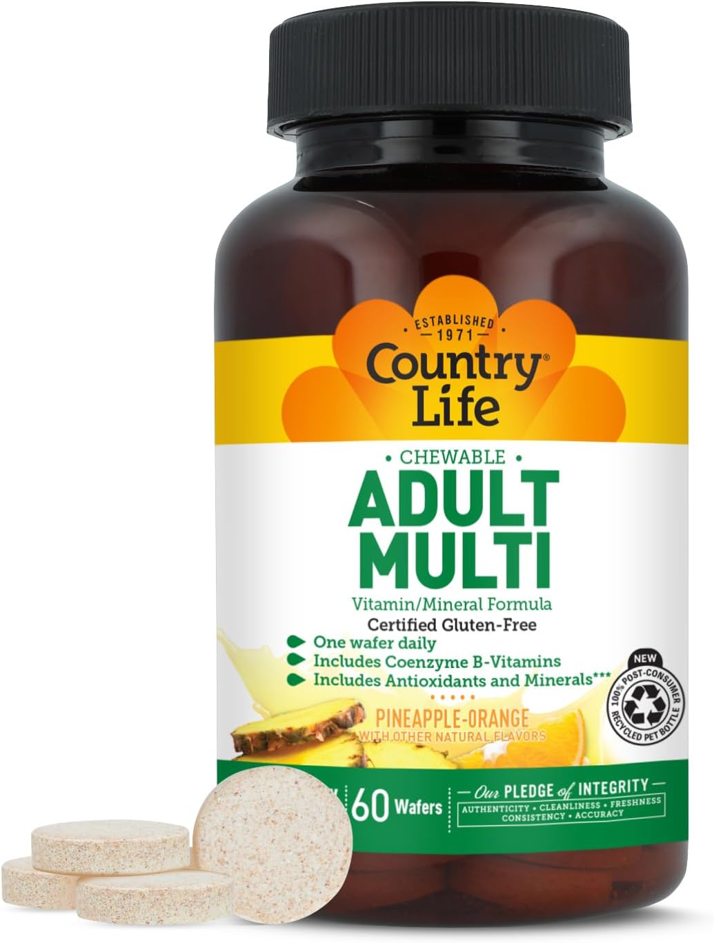 Country Life Adult Chewable Multivitamin, Pineapple Orange, 60 Wafers | 60 servings with coenzyme B vitamins