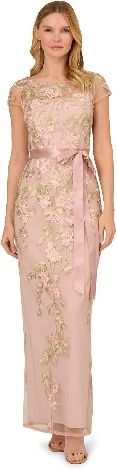 Adrianna Papell Cascading Floral Embroidered Long Column Gown
