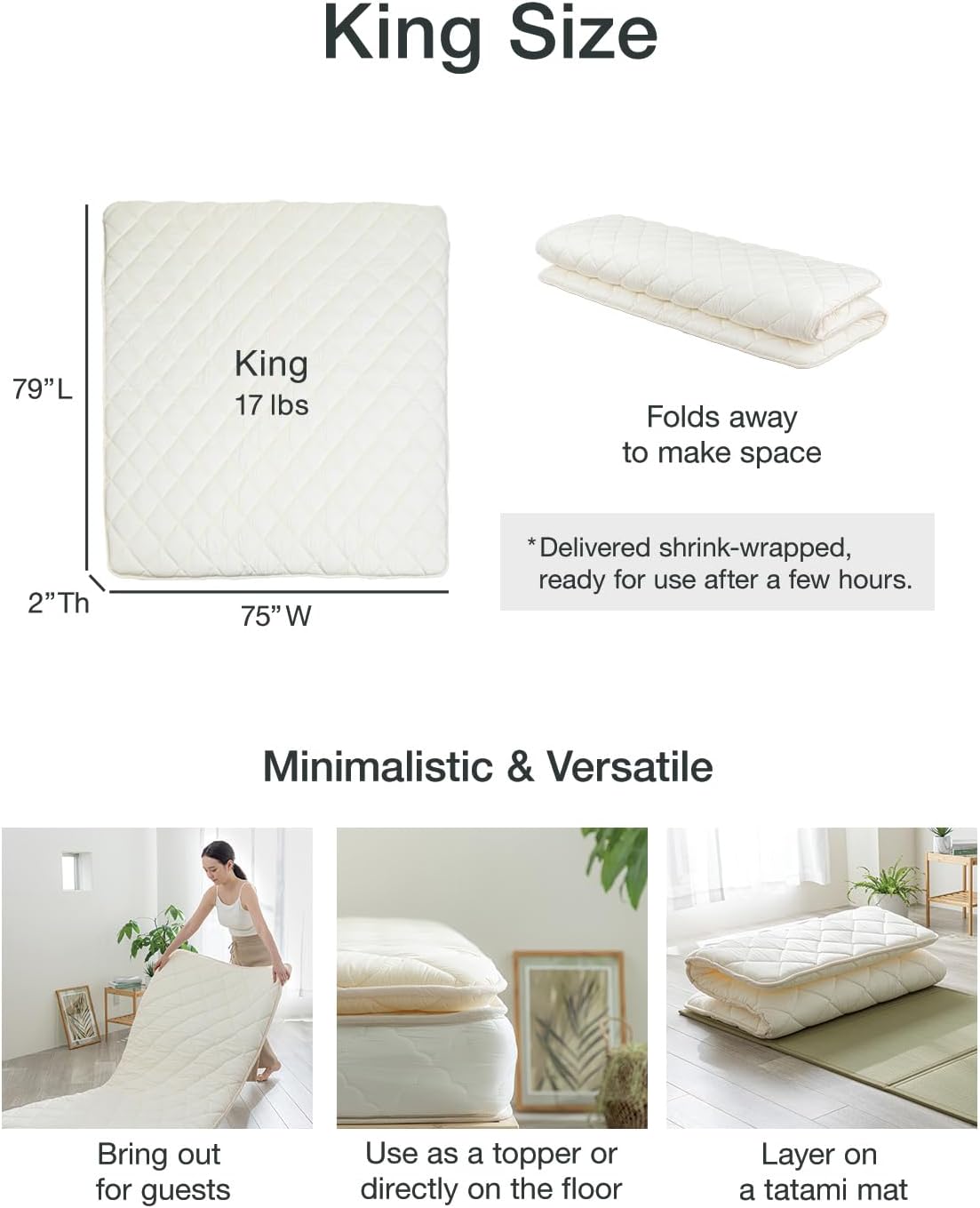FULI Japanese Futon, Twin XL Size, White - Foldable Shikibuton Floor Bed | Medium Firm Quilted Cotton Sleeping Pad, Portable Roll-Up Japanese Floor Bed for Guests & Small Spaces, 100% cotton surface