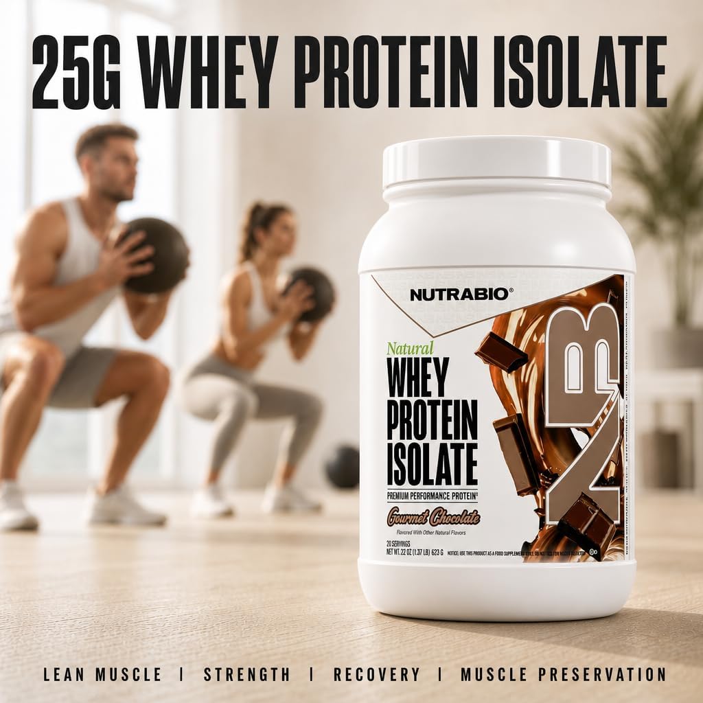 NutraBio Natural Whey Protein Isolate Protein Powder, 25g Protein with Complete Amino Acid Profile, Non-GMO, Soy & Gluten Free, Low Carb, Low Calorie - 20 Servings- Chocolate