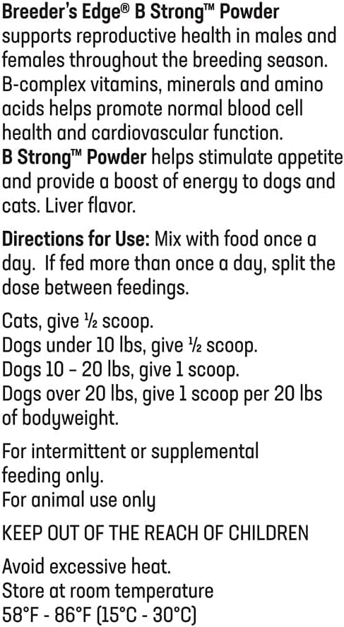 Breeder’s Edge B Strong Powder, B-Complex Vitamin Supplement for Dogs and Cats, Supports Reproductive Health, Promotes Normal Heat Cycles, and Helps Maintain Energy, 300g