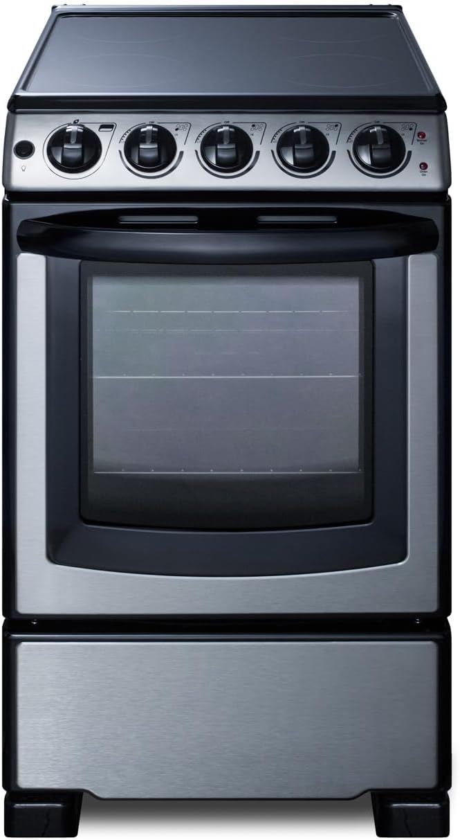 Summit 20” Electric Range, Stainless Steel and Black- REX2071SSRT | 2.3 cu.ft. Capacity Oven, Smooth Glass CookTop, 4 Burner Range, 220VOLT