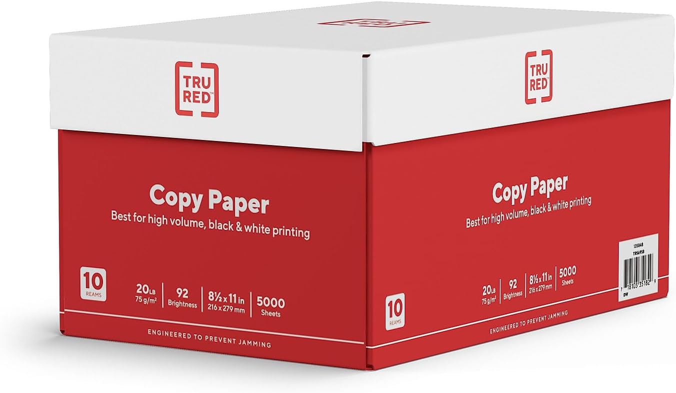 Staples TRU RED Copy & Printer Paper, 8.5 x 11, 20 lb, 92 Bright, 5,000 Sheets/Carton, White Letter Size Paper for Office, School & Home