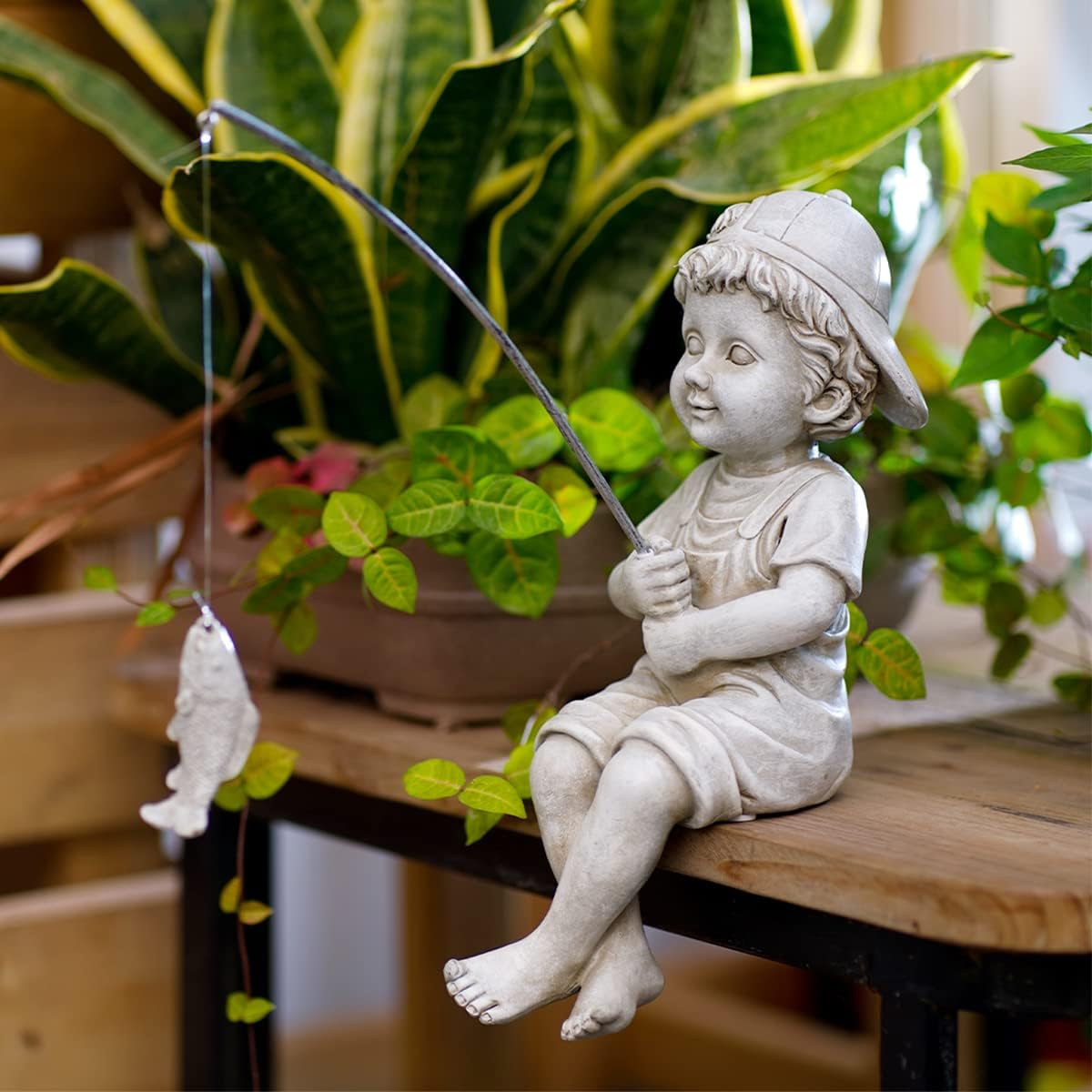 Goodeco Fisherboy Statue Garden Decor - 11" Little Fishing Guy for Koi Pond or Waterfalls, Poolside Statue with Glow in Dark Pebbles Included