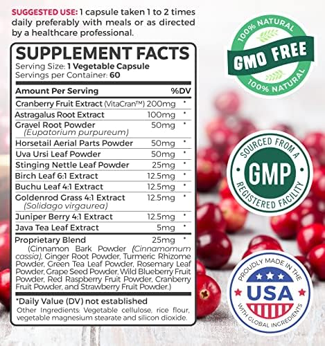 Kidney Cleanse Detox (Non-GMO) Support Healthy Urinary Tract- Powerful VitaCran Cranberry Extract & Herbs – Healthy Kidney Support Supplement - 60 Vegetarian Capsules (No Pills)