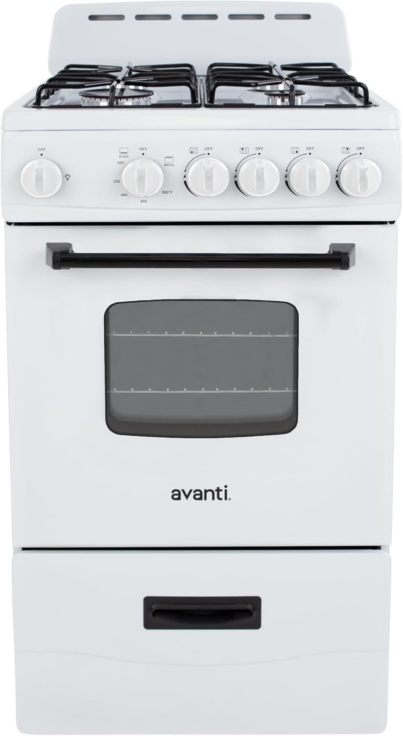 Avanti Compact Gas Range Oven, 4 Sealed Burners, 20-Inch, Stainless Steel | Avanti Compact Gas Range Oven, Freestanding with 4 Sealed Burners, Broiler with Pan, Storage Drawer, 20-Inch, Stainless Steel