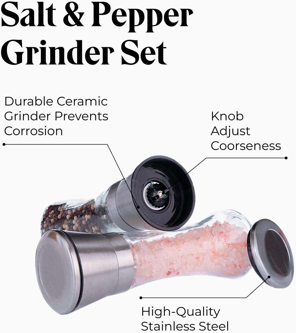 Willow & Everett Salt & Pepper Grinder Set with Stand - Stainless Steel Manual Mills & Holder with Adjustable Coarseness