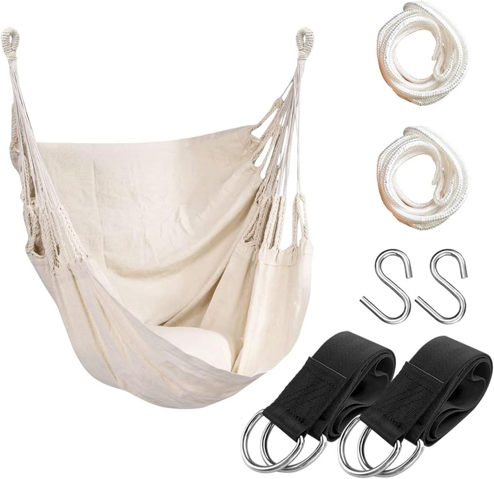 Hammock Chair Hanging Rope Swing Seat for Indoor Outdoor, Sturdy Cotton Weave Hammock Swing