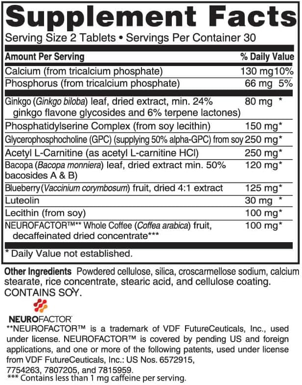 Advanced Bionutritionals Advanced Memory Formula, Brain Booster Supplement for Memory and Focus, Acetylcholine, Alpha-GPC, NeuroFactor, Manufactured in The USA, 60 Tablets