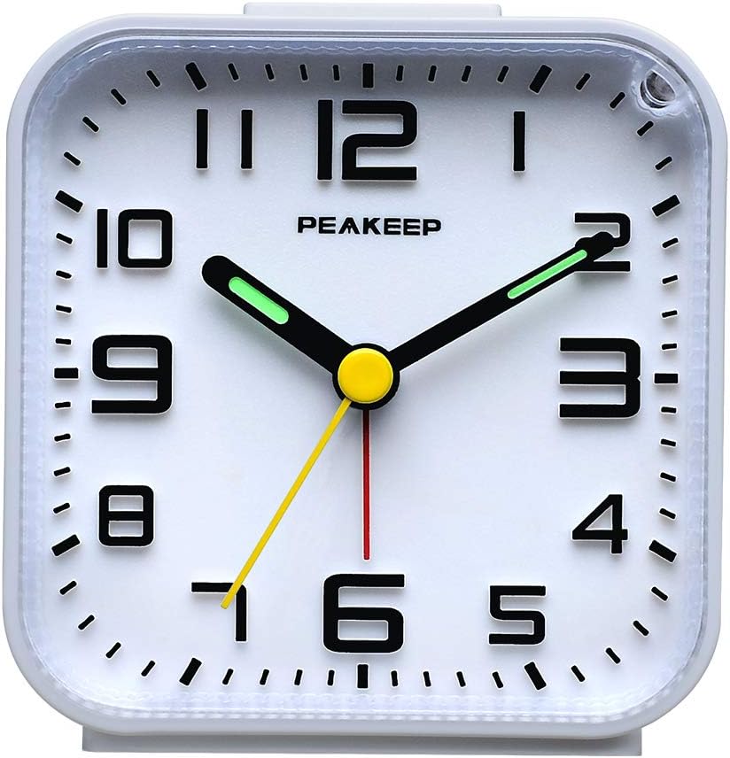 Peakeep Small Battery Operated Analog Travel Alarm Clock Silent | No Ticking, Lighted on Demand and Snooze, Beep Sounds, Gentle Wake, Ascending Alarm, Easy Set (Black)