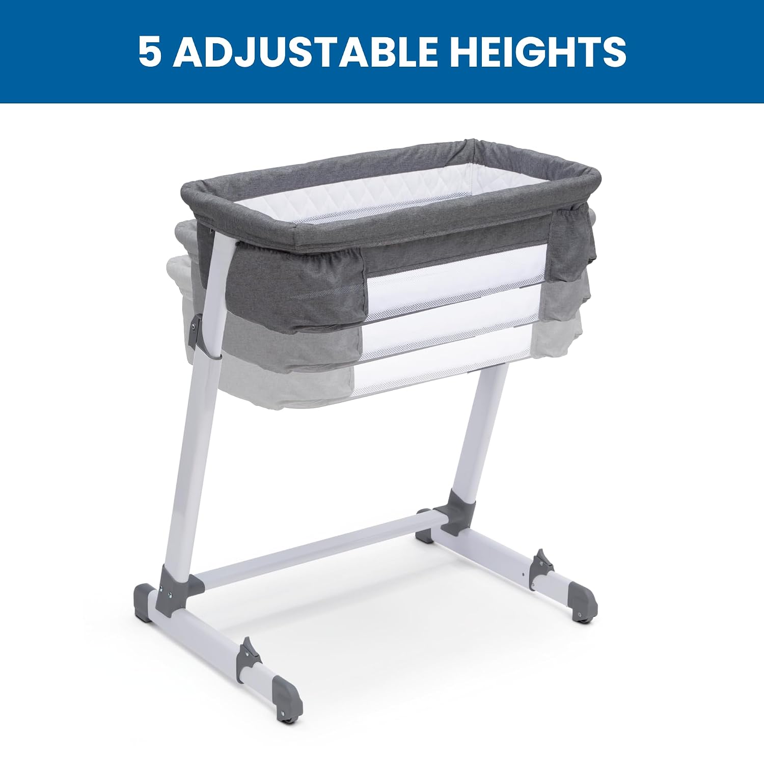 Simmons Kids By The Bed City Sleeper Bassinet - Adjustable Height Portable Crib with Wheels & Airflow Mesh, Grey Tweed