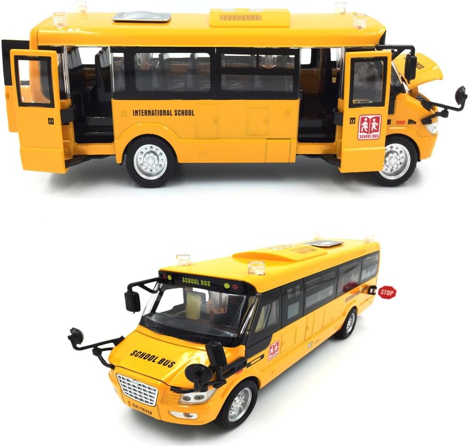 9" Pull Back Die-cast School Bus Toy | Light Up & Sounds Die-cast Metal Toy Vehicles with Bright Yellow and Openable Doors