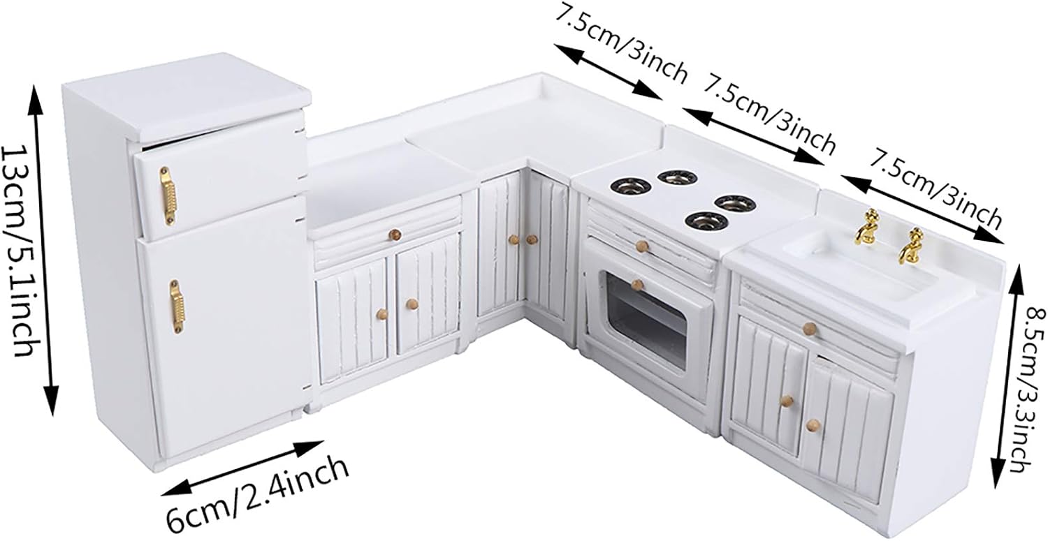 1:12 Scale Dollhouse Kitchen Furniture Set, 5 Piece Wooden Miniature Kitchen Accessories with Cabinet, Fridge, Sink, Corner Cabinet