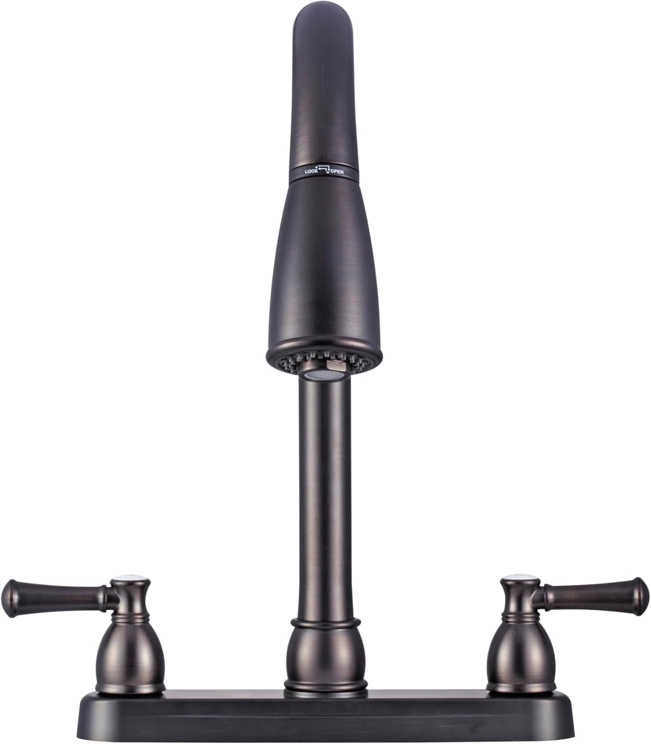 Dura Faucet DF-PK350L-SN RV Pull-Down Kitchen Sink Faucet (Satin Nickel) | Stream-to-spray sprayer with a corrosion-resistant non-metallic build. Brushed Satin Nickel. Plated ABS plastic (not metal).