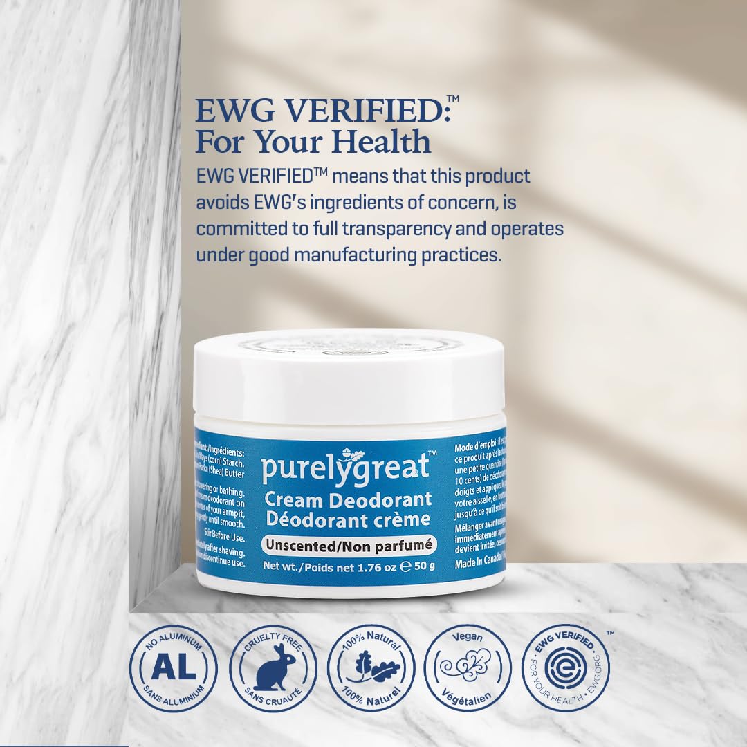 Purelygreat Natural Unscented Cream Deodorant for Women & Men | Aluminum Free Deodorant Women & Men | Vegan & Long Lasting Odor Control | Chemicals, Parabens, BPA & Cruelty Free | 1.76 oz