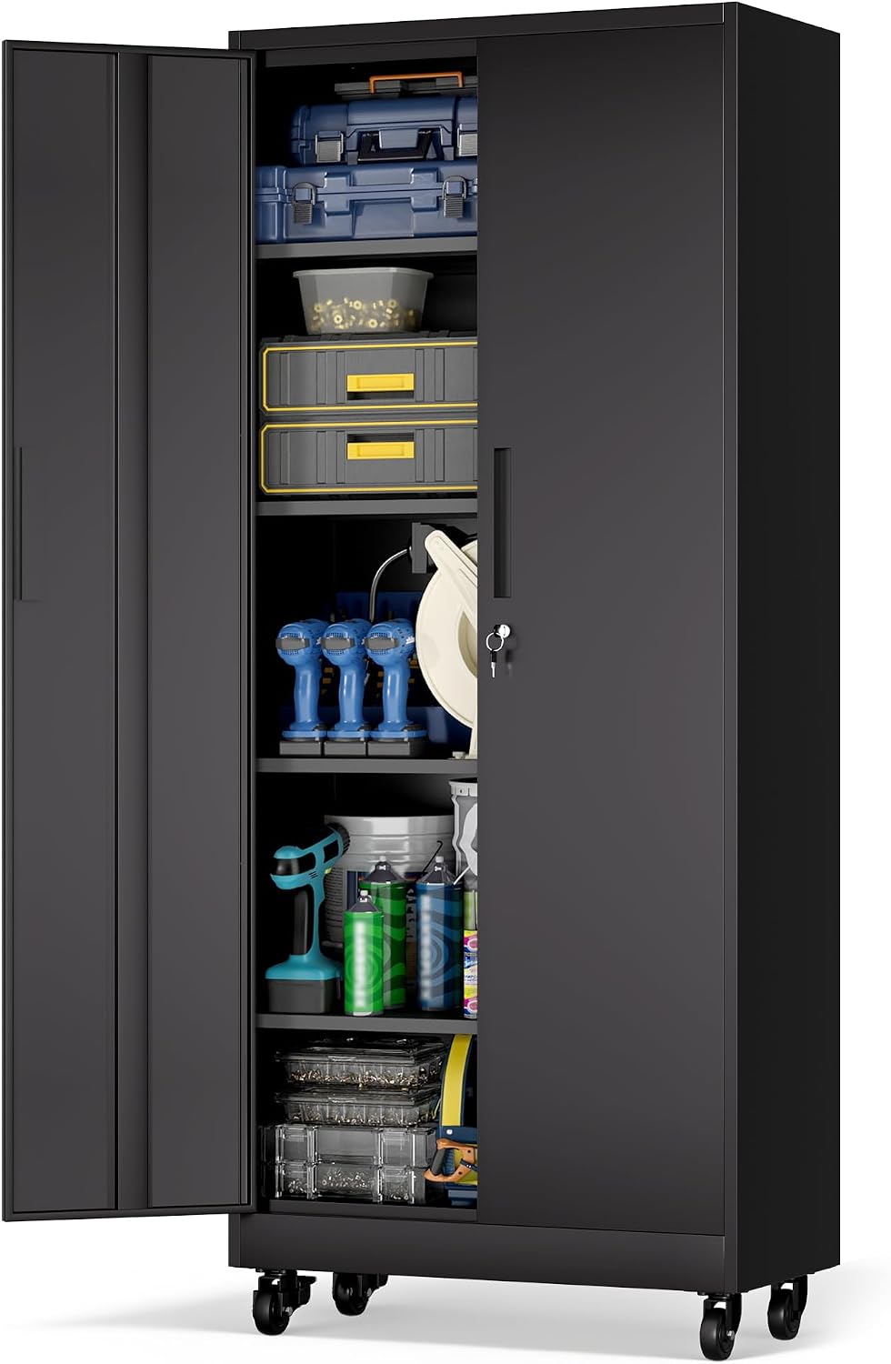 Metal Storage Cabinet for Garage, Tool Cabinet, Utility Cabinet | Wheeled, Rolling Tool Cabinet, 6 Drawers, Top Countertop, Pegboard, Assembly Required, Black