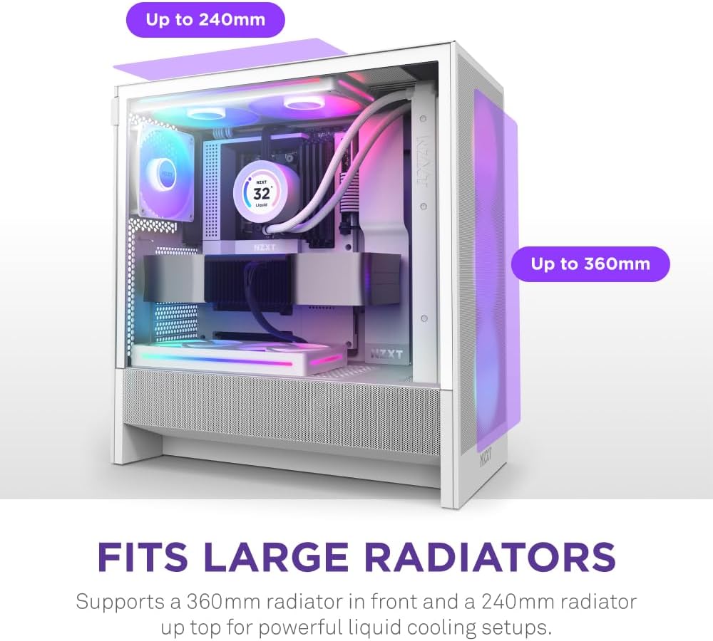 NZXT H5 Flow RGB - Compact ATX Mid-Tower PC Case - White | Compact mid-tower with included F360 RGB Core fans, 360mm radiator support, tempered glass. CAM-ready RGB out of the box.