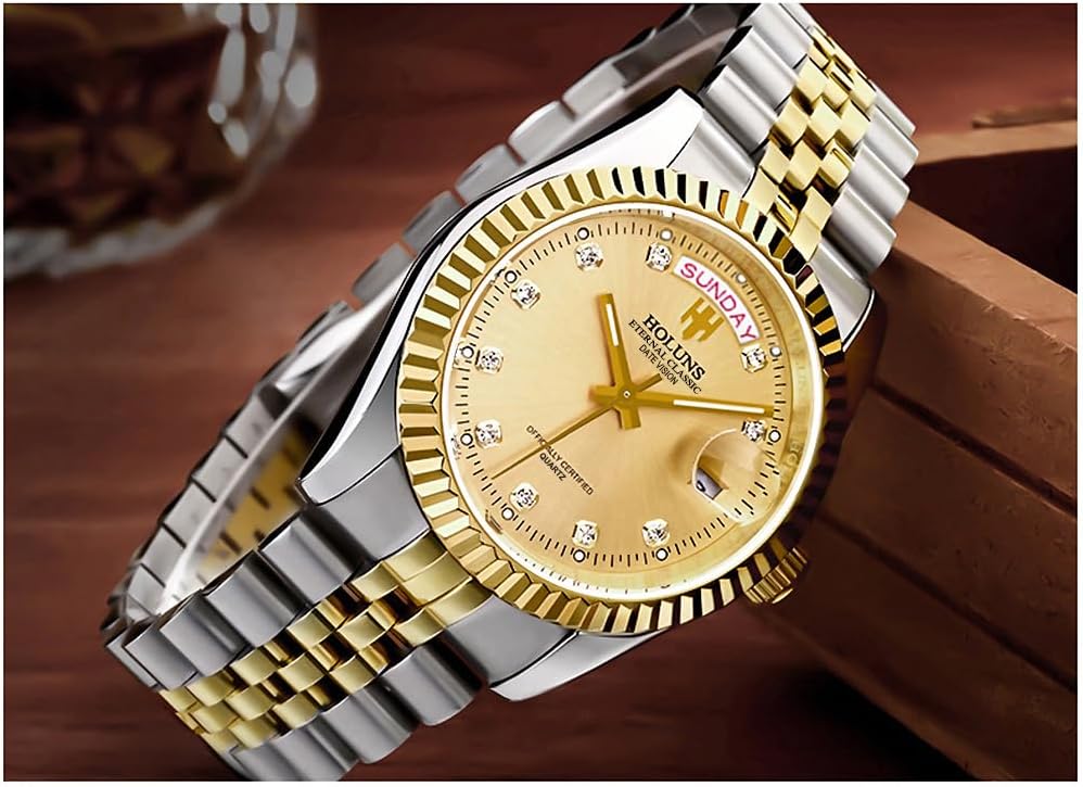 41MM Men's Gold Plated Stainless Steel Waterproof Quartz Watch Luxury Wristwatch with Date Week Display