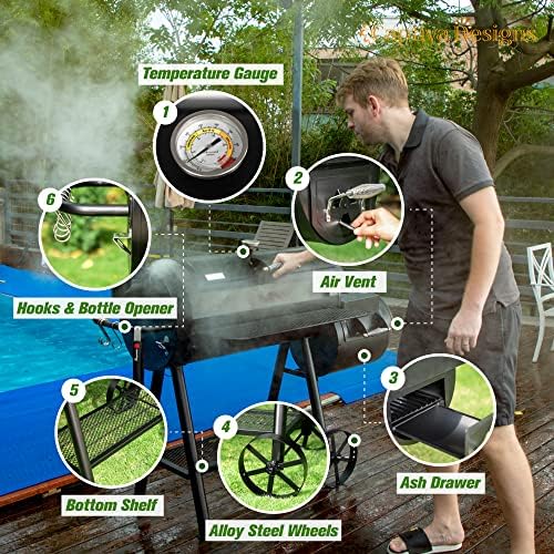 Captiva Designs Vertical Charcoal Smoker Grill Extra Large Barbecue Grill | 961 SQ.IN Outdoor Barrel BBQ Meat Smoker with 5 Removable Smoking Grates & Built-in Hooks for Outdoor Backyard Cooking