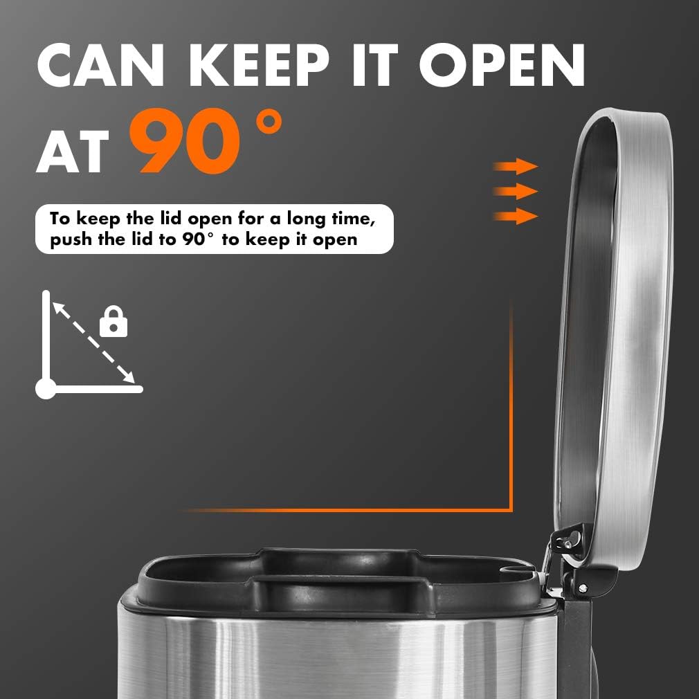 FDW | 13 Gallon Trash Can with Lid | Steel | Fingerprint-Proof | Made of Brushed Stainless Steel | Soft-Close Step Pedal | Hands-Free Use | Easy to Clean | for Kitchen, Office, Bathroom