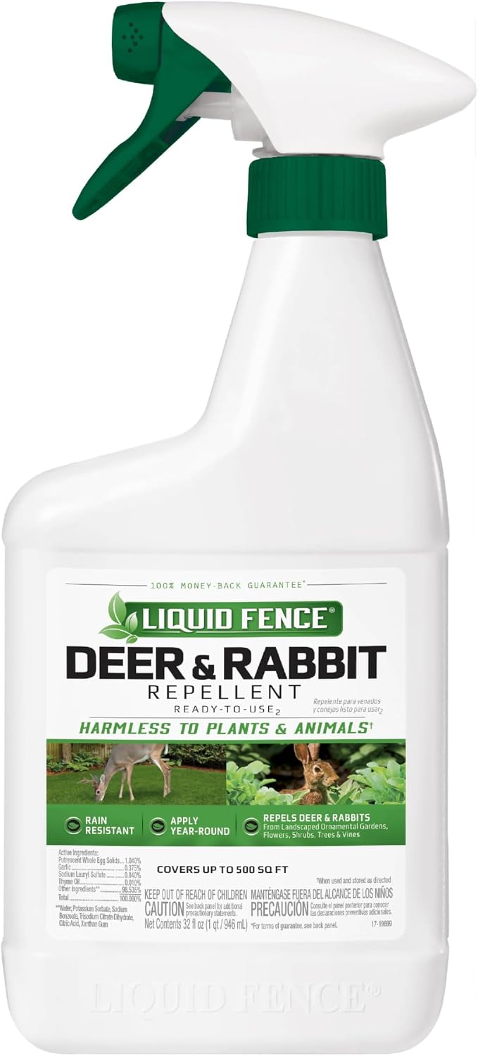 Liquid Fence Deer and Rabbit Repellent Ready-to-Use Spray, 1 Gallon | Use to Treat on Gardens, Flowers, Shrubs, Trees & Vines, Covers up to 2,000 Sq. Ft., Harmless to Plants & Animals