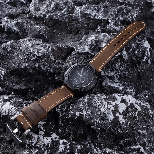 Dark Brown 22mm Genuine Leather Wristwatch Watch Band Oil Tan Vintage Strap for Men with Stainless Buckle