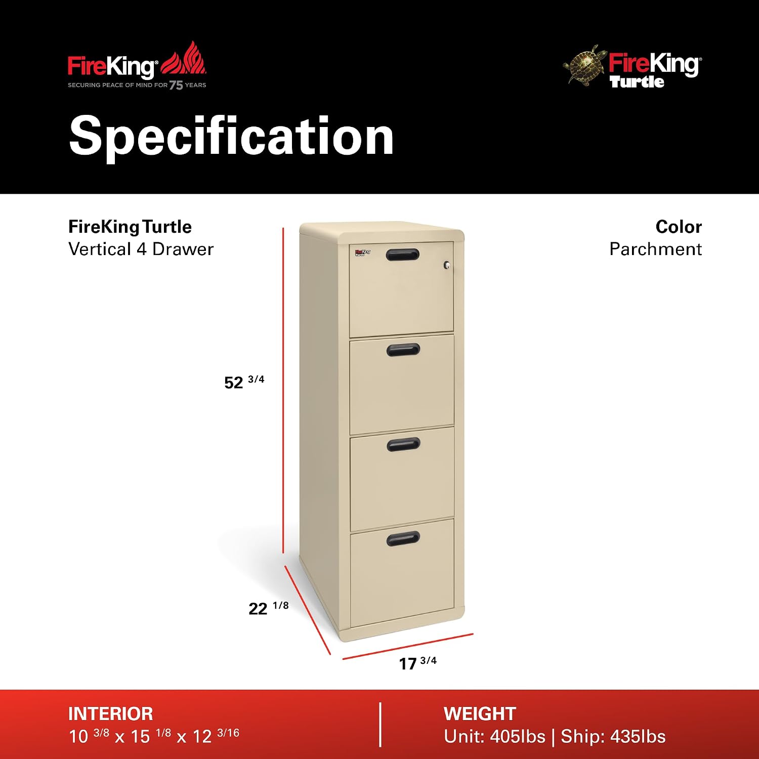 FireKing Turtle Vertical 2 Drawer Fire Rated File Cabinet, Black | 1 Hour Fire Rated Filing Cabinet - UL Class 350 - Water Resistant - Key Lock - Made in USA