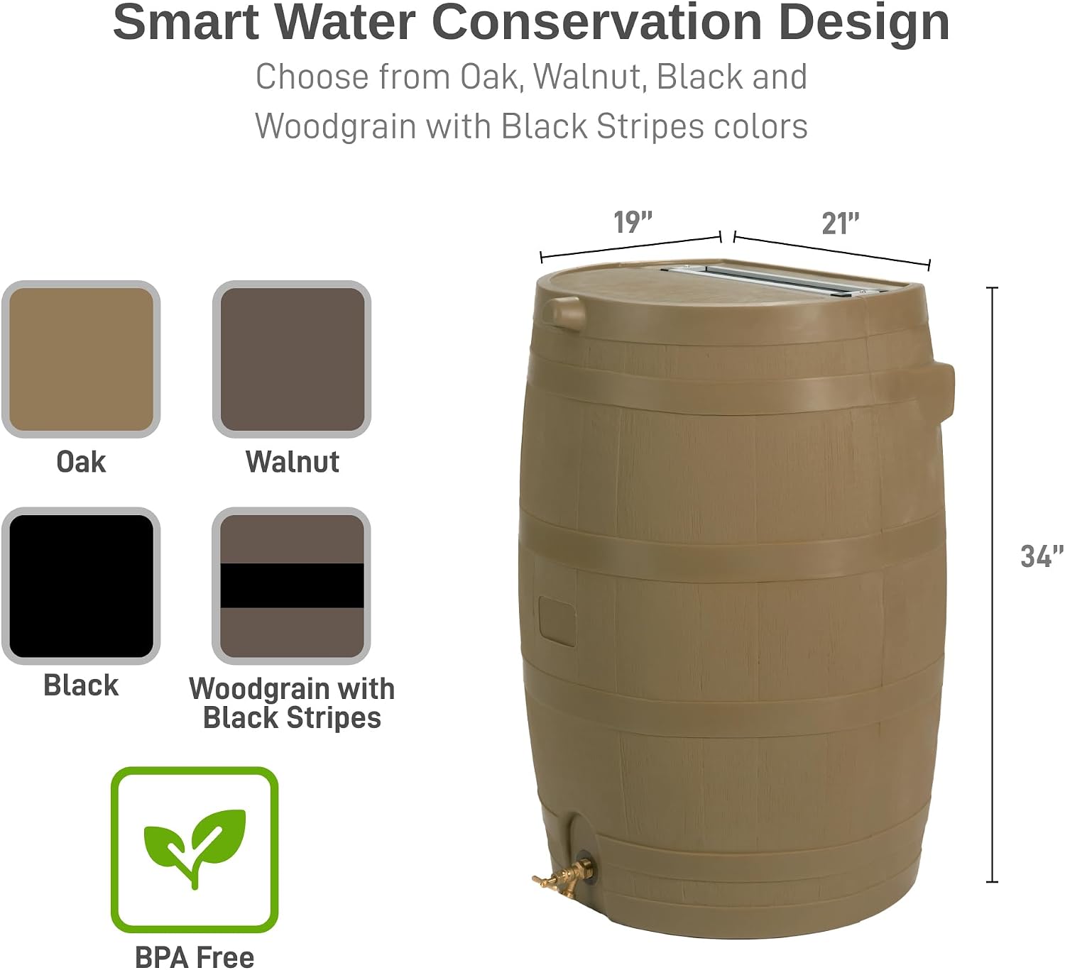 Flat Back Rainwater Gutter Barrel Water Collector Storage Drum Garden Pot- Tan