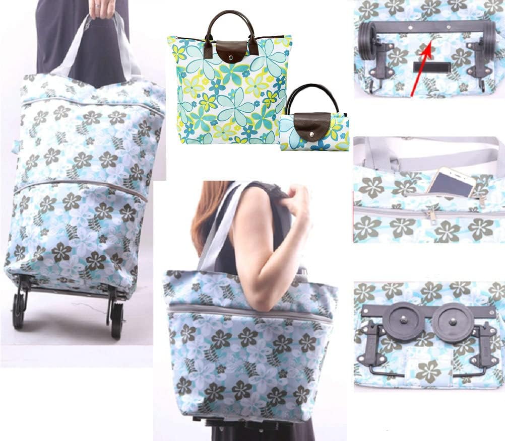Collapsible Shopping Bag with Wheels Portable Shopping Cart with 360° Swivel Wheels Rolling Tote Bag Reusable Grocery Bag Trolley Bag on Wheels for Travel Shopping and Daily Use(Blue)