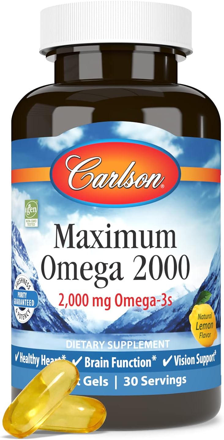 Carlson Maximum Omega 2000, 2000 mg, Wild-Caught, Lemon, 60 Softgels | Omega-3 Fatty Acids Including EPA and DHA; Norwegian Fish Oil Supplement; Sustainably Sourced Fish Oil Capsules