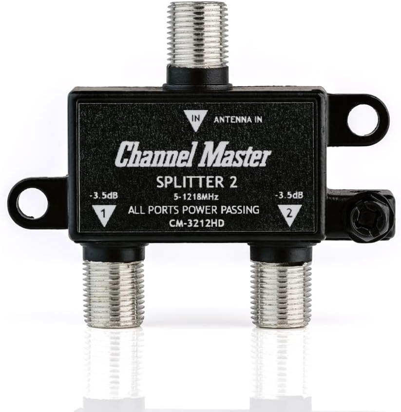 Channel Master Splitter 2 | 2-Way Splitter Distributes Digital HDTV Antenna Signal to 2 TVs, One Input and Two Outputs, Power Passing for Preamplifiers and Boosters, Low-Loss Design, Indoor/Outdoor