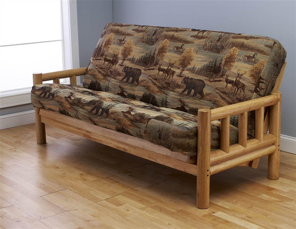 Futon Frame and Full Size Mattress Set. This Rustic Log Frame Sofa Set Easily Converts to Full-size Bed. Nice. The Wildlife Upholstery Is Great in