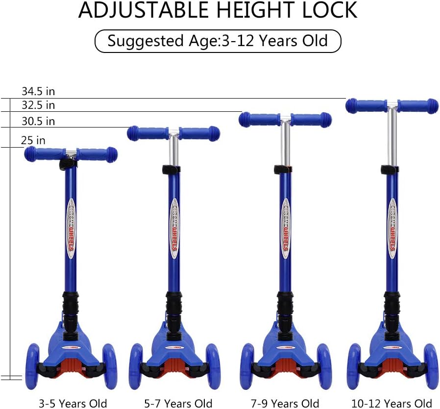 ChromeWheels Foldable Scooters for Kids, Deluxe Kick Scooter 4 Adjustable Height 132lbs Weight Limit 3 Wheel, Lean to Steer LED Light Up Wheels
