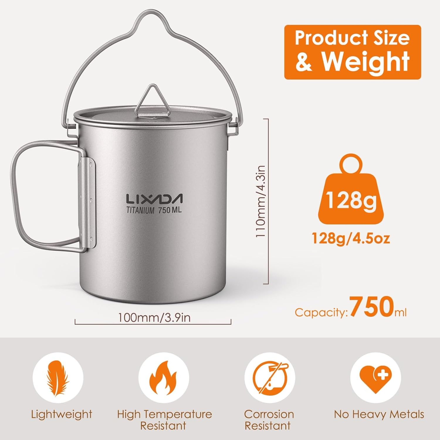 Lixada Titanium Water Mug Cup with Lid and Foldable Handle Ultralight 750ml Titanium Pot Portable Outdoor Camping Cooking Picnic