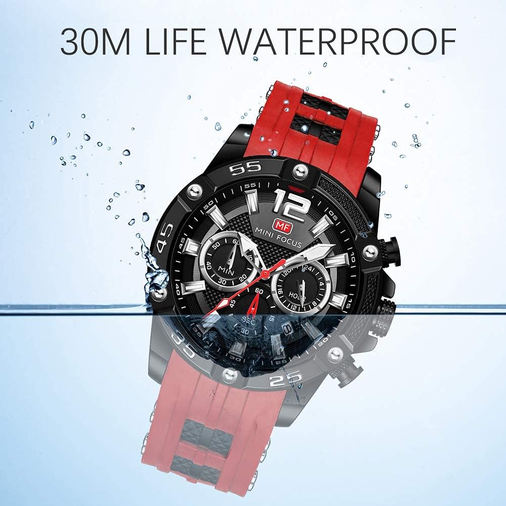 MF MINI FOCUS Men Watch, Chronograph Waterproof Sport Analog Quartz Watches Blue Silicon Strap Fashion Wristwatch for Men