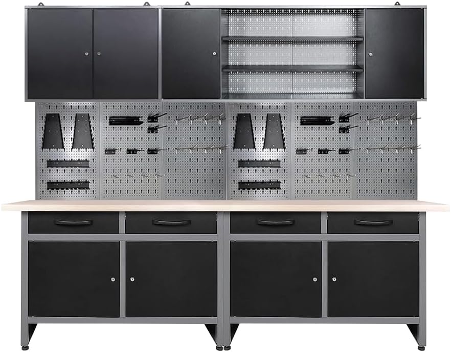 Storage Workbench System Set with Lockable Cabinet, Includes Metal Wall Cabinets Pegboards & Hooks, Wood Worktop for Garage Office Repair Shop