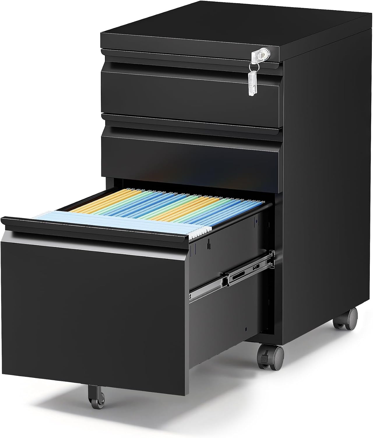 3 Drawer File Cabinet with Lock,Mobile Lateral Filing Cabinet with Side Hook for Letters/Legal/A4, Metal Printer Stand Storage Cabinets with Shelves for Home Office(Black)