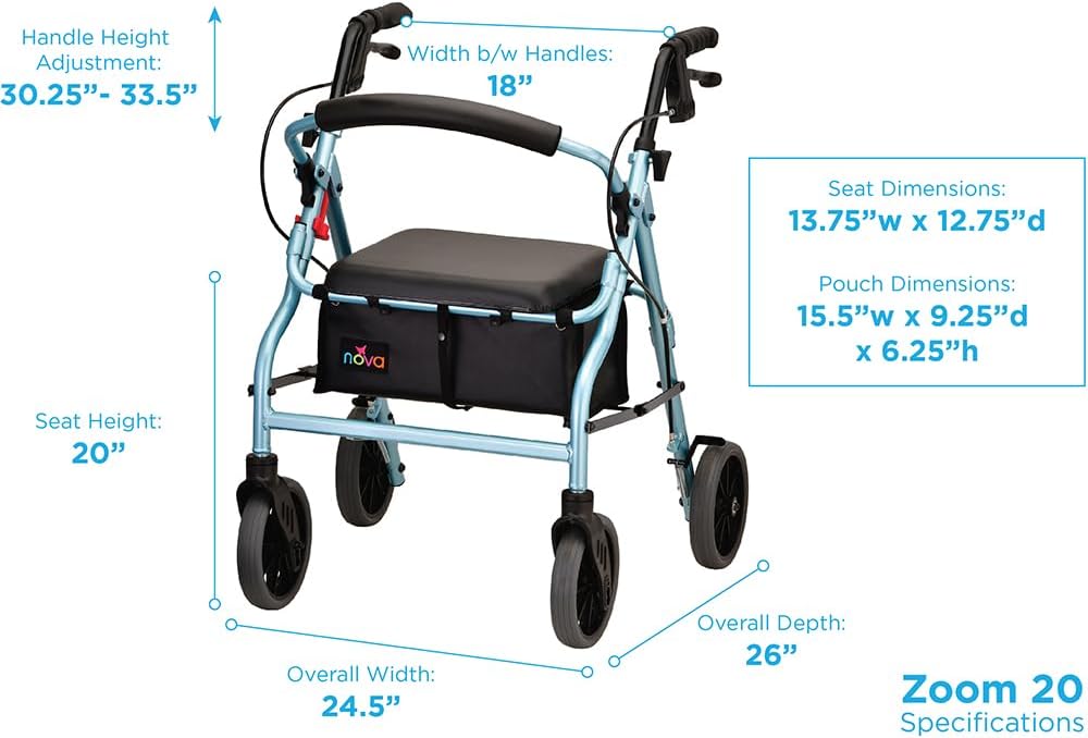 NOVA Zoom 22 Rollator Walker for Seniors, Rolling Walker with Locking Hand Brakes, Padded Seat & 8" Wheels, Lock N Load for Easy Transport & Storage, Adjustable Height 5'5"–6'1", Red
