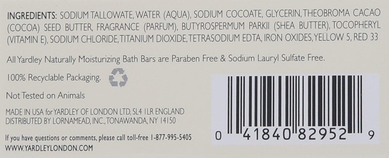 Yardley London Nourishing Bath Soap Bar Cocoa Butter, Helps Soften Dry Skin with Pure Cocoa Butter, Shea Butter & Vitamin E, 4.0 oz Bath Bar, 1 Soap Bar