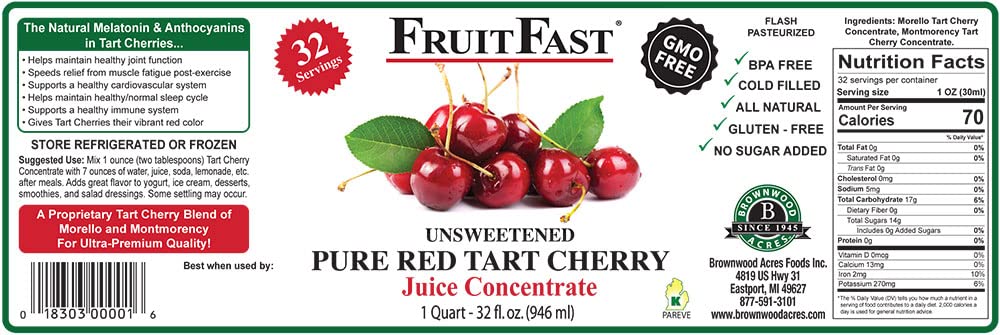 Red Tart Cherry Juice Concentrate by FruitFast - (32 FL OZ) Unsweetened, 68 Brix Pure Concentrated Juice - 100% Dark Cherry Extract - No Additives or Fillers!