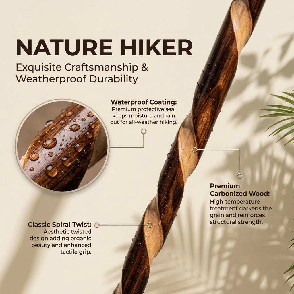 FOREST PILOT Handcrafted Nature Wood Hiking Stick 55 Inches Long - with Hand Strap and Rubber Tip Cover - Transparent Waterproof Painting Coating
