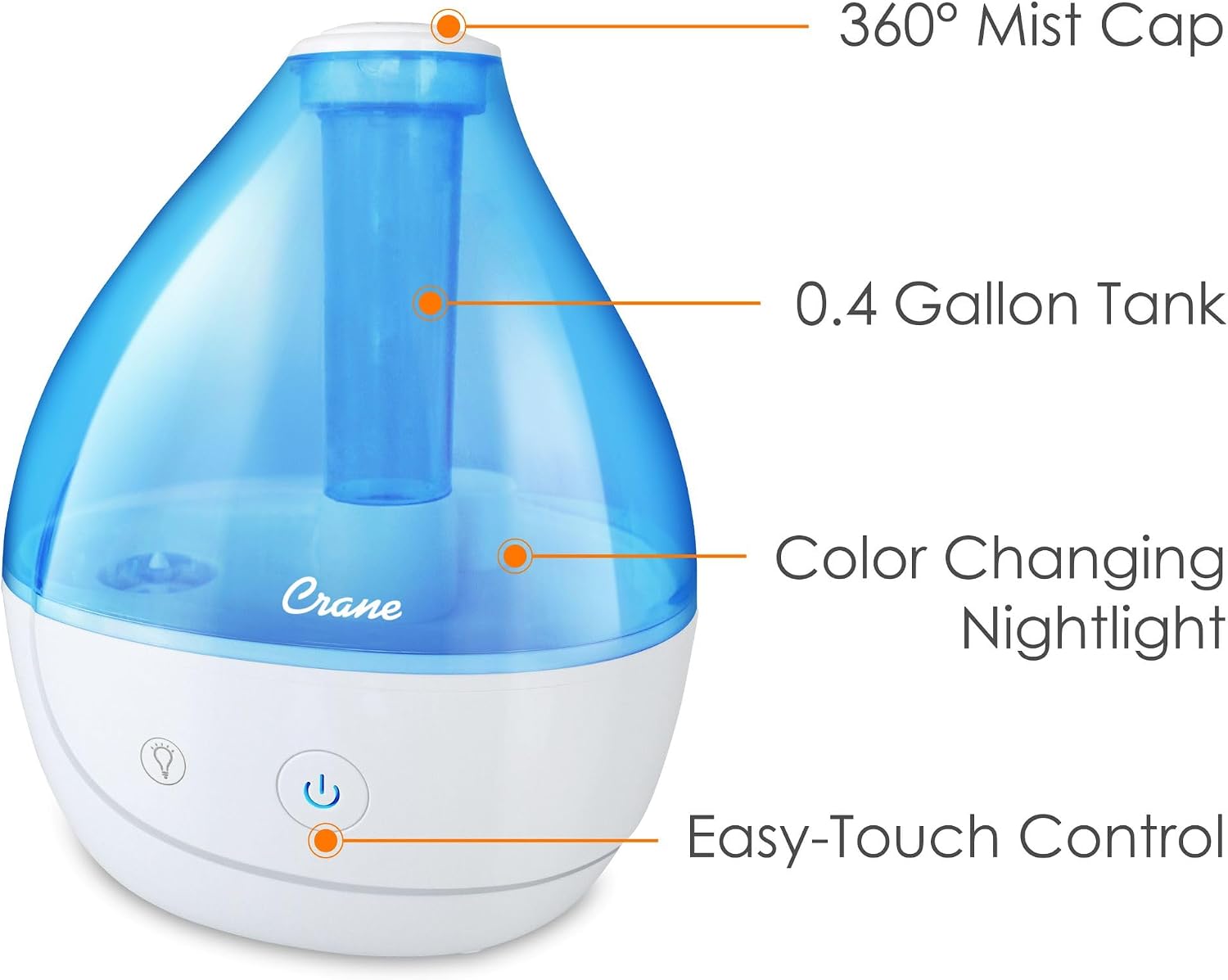 Crane Personal Ultrasonic Cool Mist Travel Humidifier and Vaporizer for Congestion Relief, 360° Adjustable Nozzle, Filter-Free .75 Liter Tank, Blue/White, Office Humidifier
