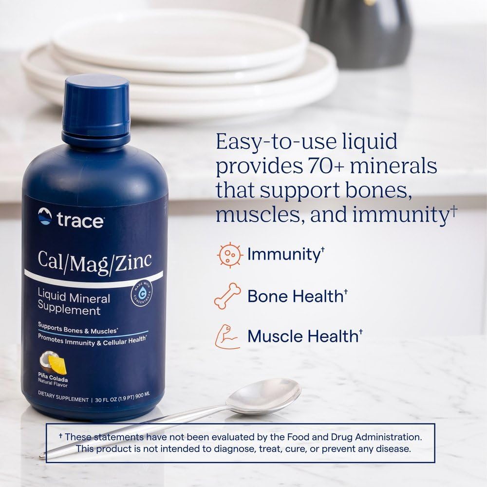 Trace Minerals Liquid Cal Mag Zinc with Vitamin D3, 16 fl oz, Pina Colada | Ionic trace minerals for absorption, Bone, muscle, and connective tissue health, 1-2 tbsp daily, Refrigerate after opening