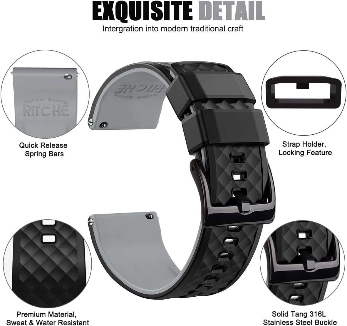 Ritche Christmas Gift Silicone Watch Bands 18mm 20mm 22mm 24mm Quick Release Rubber Watch Bands for Men, White Elephant Gifts