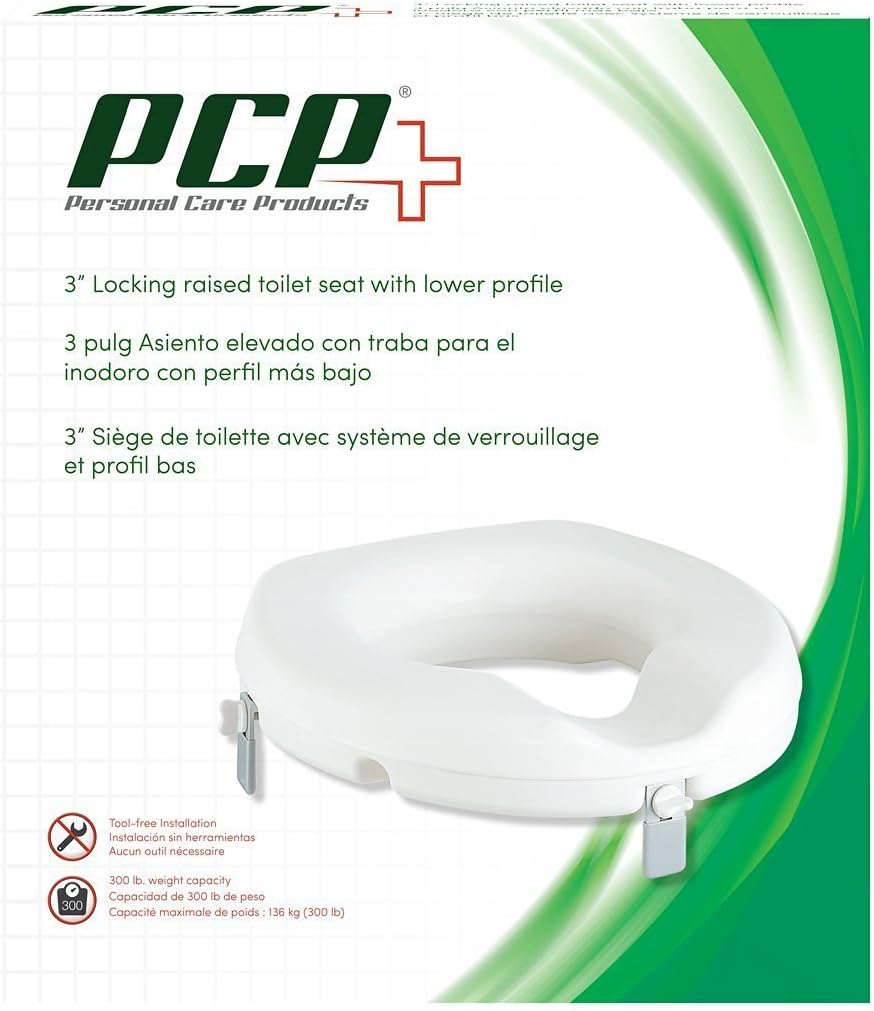 PCP Raised Toilet Seat, Increase Height Over Commode, Elevated, White, 3 Inch Rise