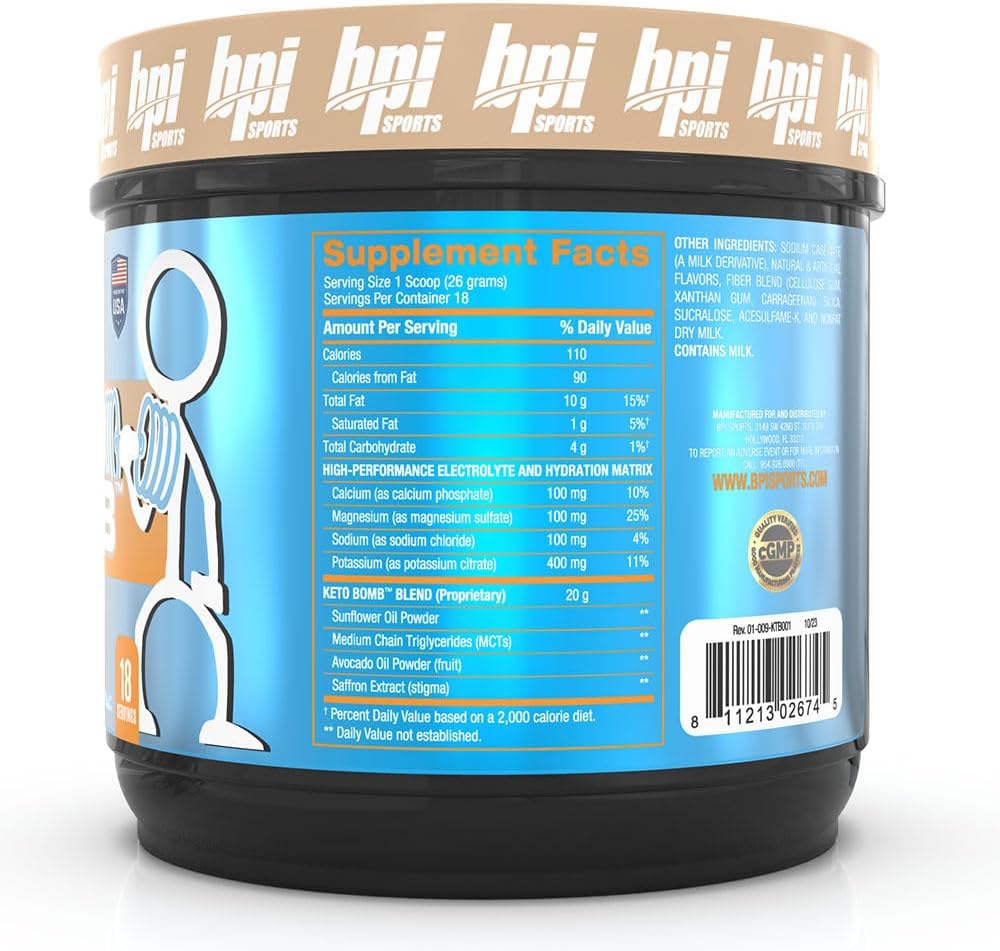 BPI Sports Keto Bomb Coffee Creamer - Supports Energy and Hydration - MCT and Electrolytes - with Calcium - Caramel Macchiato, 18 Servings